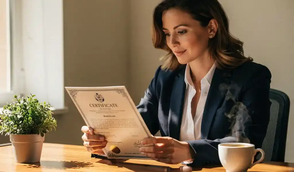 Professional bekijkt certificeringsdocument aan houten bureau met koffie en plant, warm natuurlijk licht, rustige sfeer.