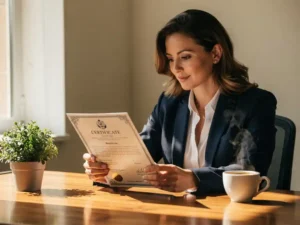 Professional bekijkt certificeringsdocument aan houten bureau met koffie en plant, warm natuurlijk licht, rustige sfeer.