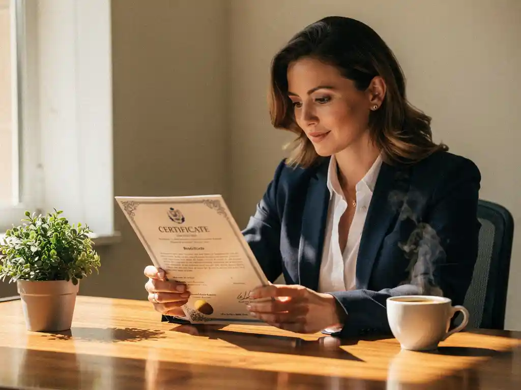 Professional bekijkt certificeringsdocument aan houten bureau met koffie en plant, warm natuurlijk licht, rustige sfeer.