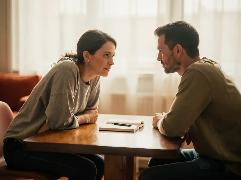 Coach en cliënt in vertrouwelijk gesprek aan houten tafel met open notitieboek, warm zacht licht, intieme sfeer.