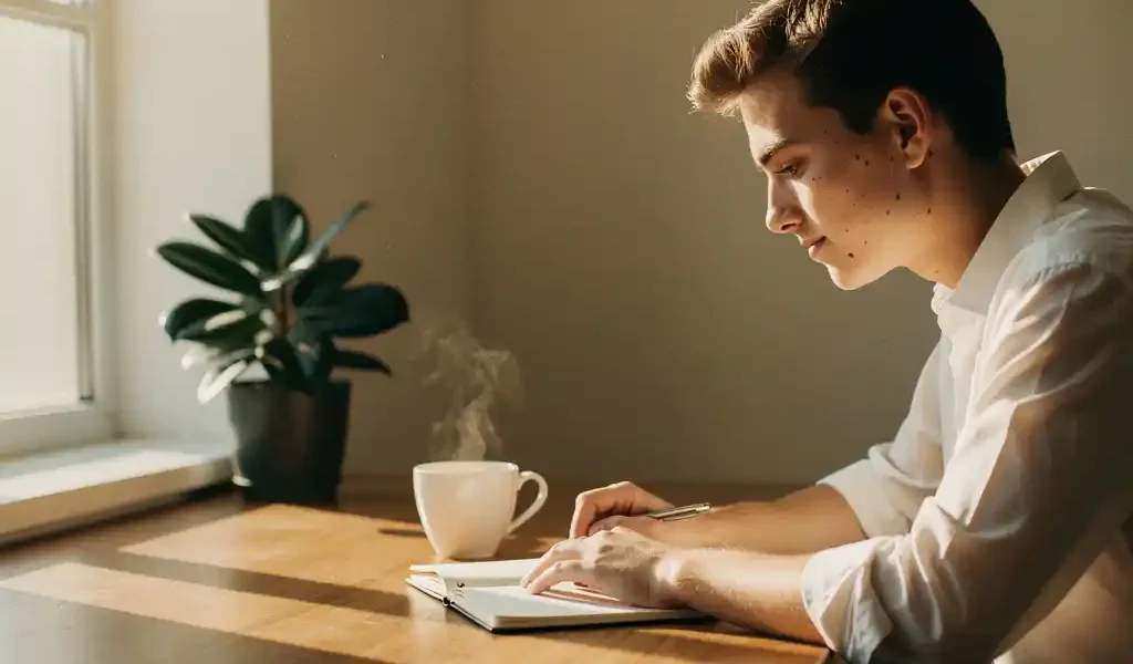 Jonge professional aan houten bureau met open notitieboek, ochtendlicht door raam, koffie en plant op de achtergrond.