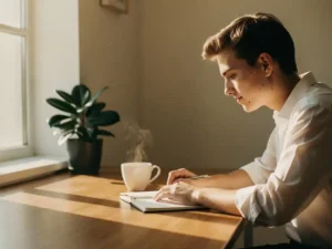 Jonge professional aan houten bureau met open notitieboek, ochtendlicht door raam, koffie en plant op de achtergrond.