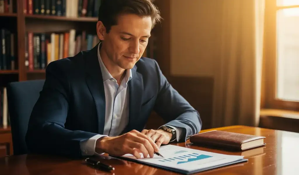 Professionele coach aan houten bureau met financiële documenten, leren notitieboek en pen, boekenkasten op achtergrond in warm amberkleurig licht.