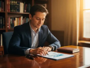 Professionele coach aan houten bureau met financiële documenten, leren notitieboek en pen, boekenkasten op achtergrond in warm amberkleurig licht.