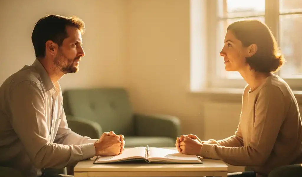Coach en cliënt in gesprek tijdens een persoonlijk coachingsgesprek, met notitieboek op tafel in een rustige, lichte kamer.