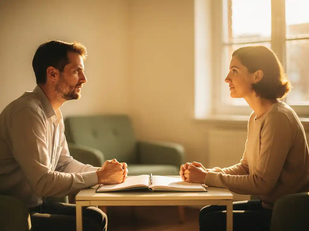 Coach en cliënt in gesprek tijdens een persoonlijk coachingsgesprek, met notitieboek op tafel in een rustige, lichte kamer.