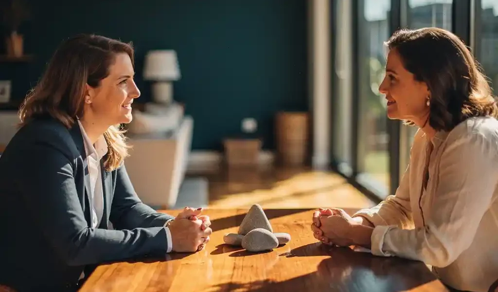 Coach en cliënt in gesprek aan houten tafel, voorovergebogen in open houding, met zonlicht en drie rivierkeien als decoratief element.