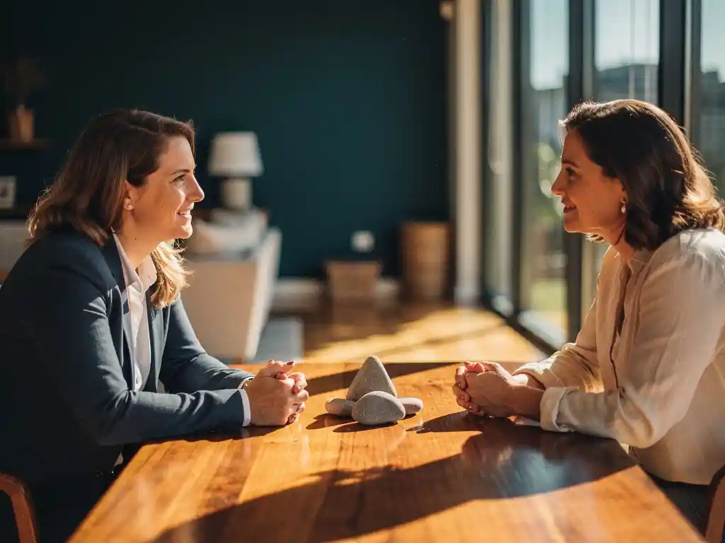 Coach en cliënt in gesprek aan houten tafel, voorovergebogen in open houding, met zonlicht en drie rivierkeien als decoratief element.