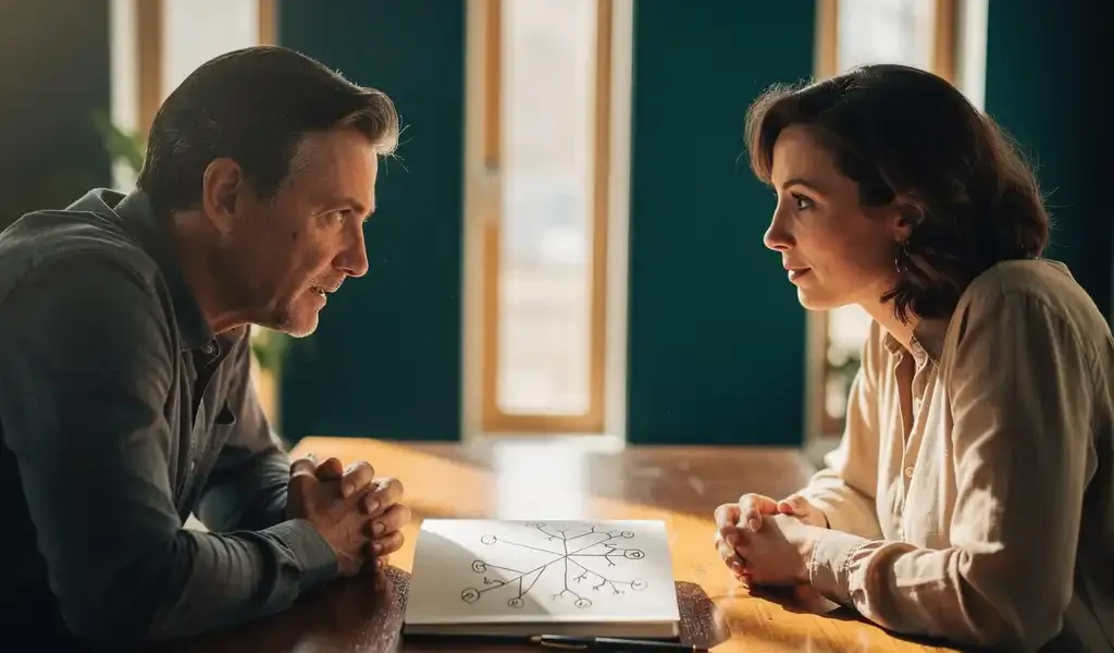 Coach en cliënt in gesprek aan houten tafel met open notitieboek met vertakkingsdiagram, warm middaglicht door hoge ramen.