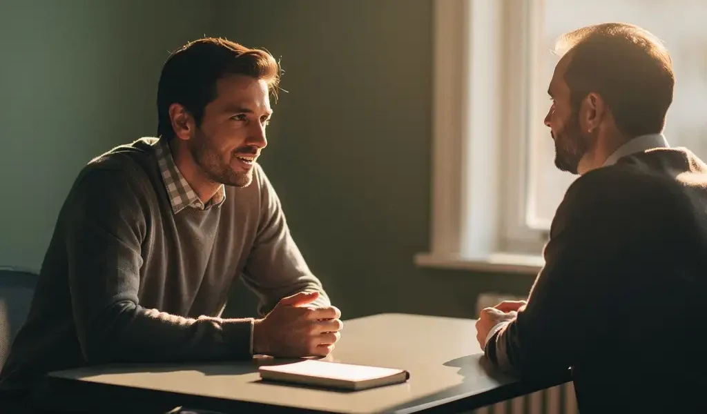 Coach en cliënt in gesprek aan een tafel, warm middaglicht door een raam, onbeschreven notitieboek op tafel, rustige professionele sfeer.
