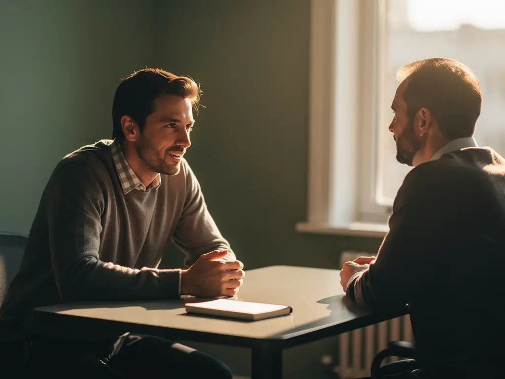 Coach en cliënt in gesprek aan een tafel, warm middaglicht door een raam, onbeschreven notitieboek op tafel, rustige professionele sfeer.