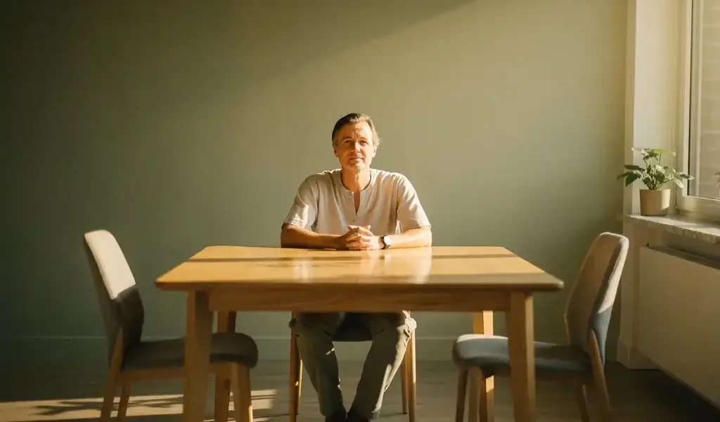 Coach zit rustig aan houten tafel met twee lege stoelen tegenover elkaar, zacht ochtendlicht en een plant op de vensterbank.