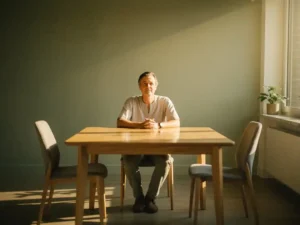 Coach zit rustig aan houten tafel met twee lege stoelen tegenover elkaar, zacht ochtendlicht en een plant op de vensterbank.