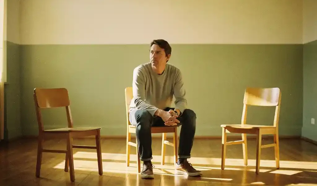 Coach zit op houten stoel in warmverlichte studio met twee lege stoelen in driehoeksopstelling op eiken vloer.