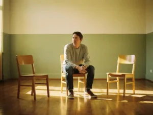 Coach zit op houten stoel in warmverlichte studio met twee lege stoelen in driehoeksopstelling op eiken vloer.