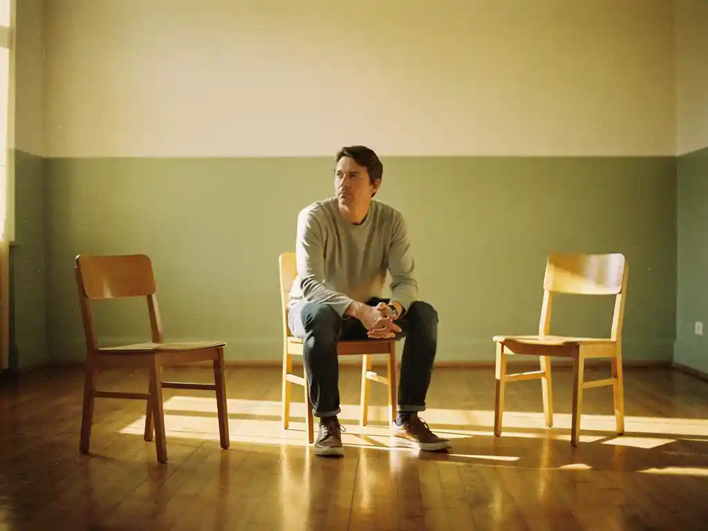 Coach zit op houten stoel in warmverlichte studio met twee lege stoelen in driehoeksopstelling op eiken vloer.
