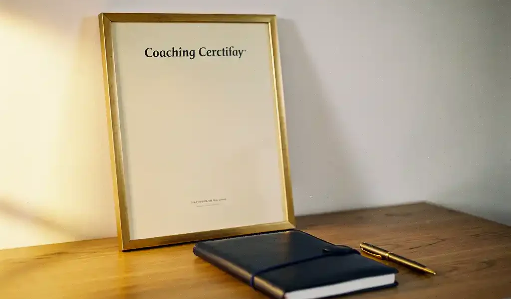 Ingelijst professioneel coachingcertificaat op een eiken bureau met leren notitieboek en pen, warm gouden zijlicht.