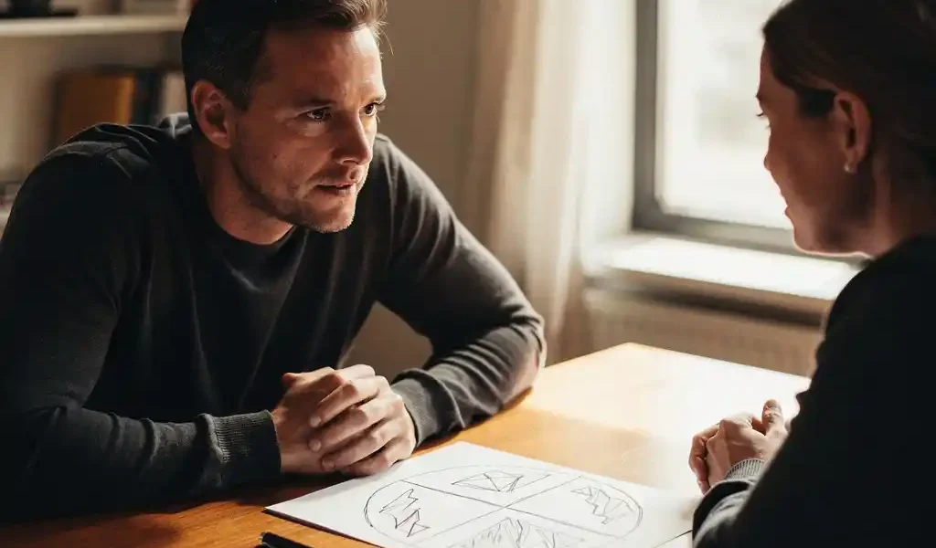 Coach en cliënt in gesprek aan houten tafel met handgetekend kwadrantdiagram, warm natuurlijk licht, intieme sfeer.