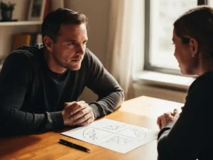 Coach en cliënt in gesprek aan houten tafel met handgetekend kwadrantdiagram, warm natuurlijk licht, intieme sfeer.