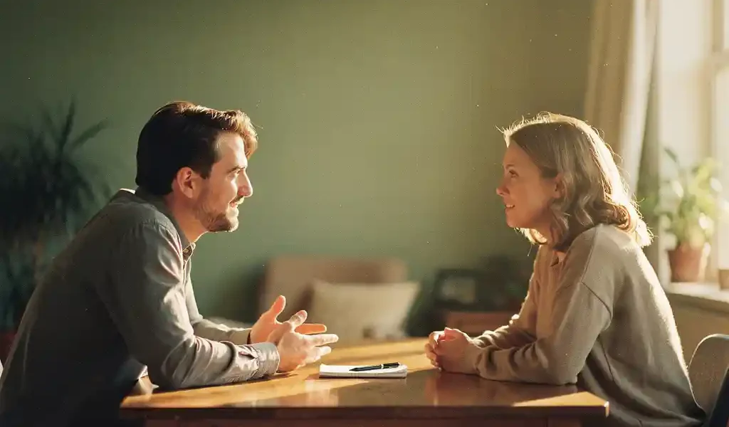 Twee mensen in gesprek aan een houten tafel in een warm verlichte coachingsruimte, één leunt voorover met open lichaamstaal en oprecht oogcontact.