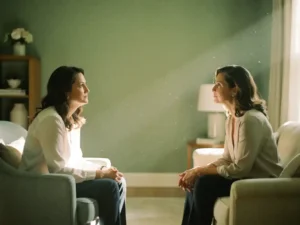 Coach en cliënt in stille reflectie tijdens een coachingsgesprek, verbonden door een straal natuurlijk licht in een warme, rustige ruimte.