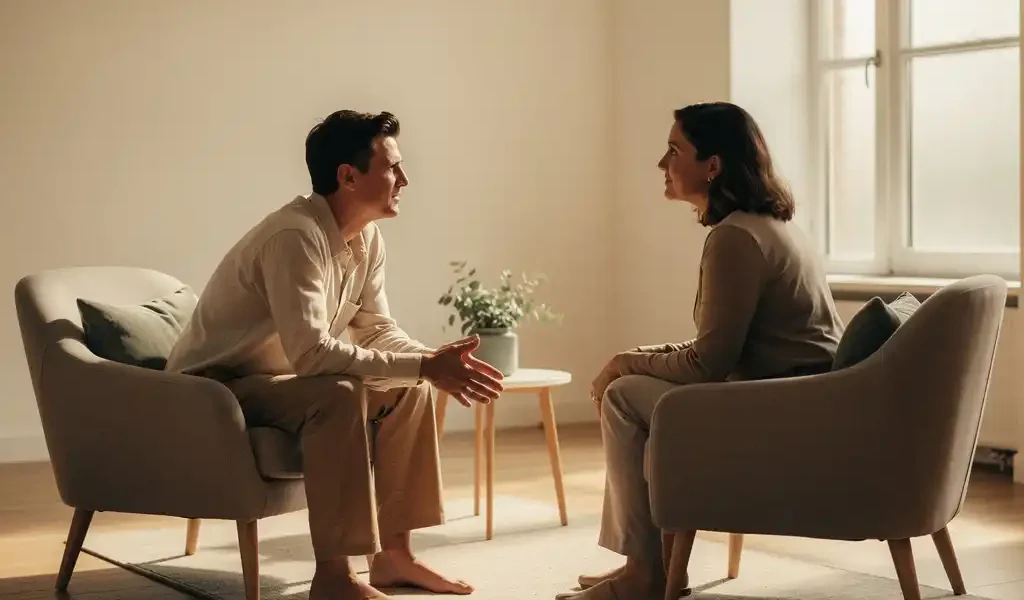 Twee mensen in gesprek tijdens een coachingsessie in een minimalistische ruimte met warm natuurlijk licht.