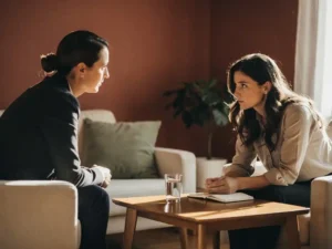 Coach en cliënt in gesprek in warme consultatiruimte, open dagboek op tafel, reflectieve lichaamstaal in terracotta en saliekleurige tinten.