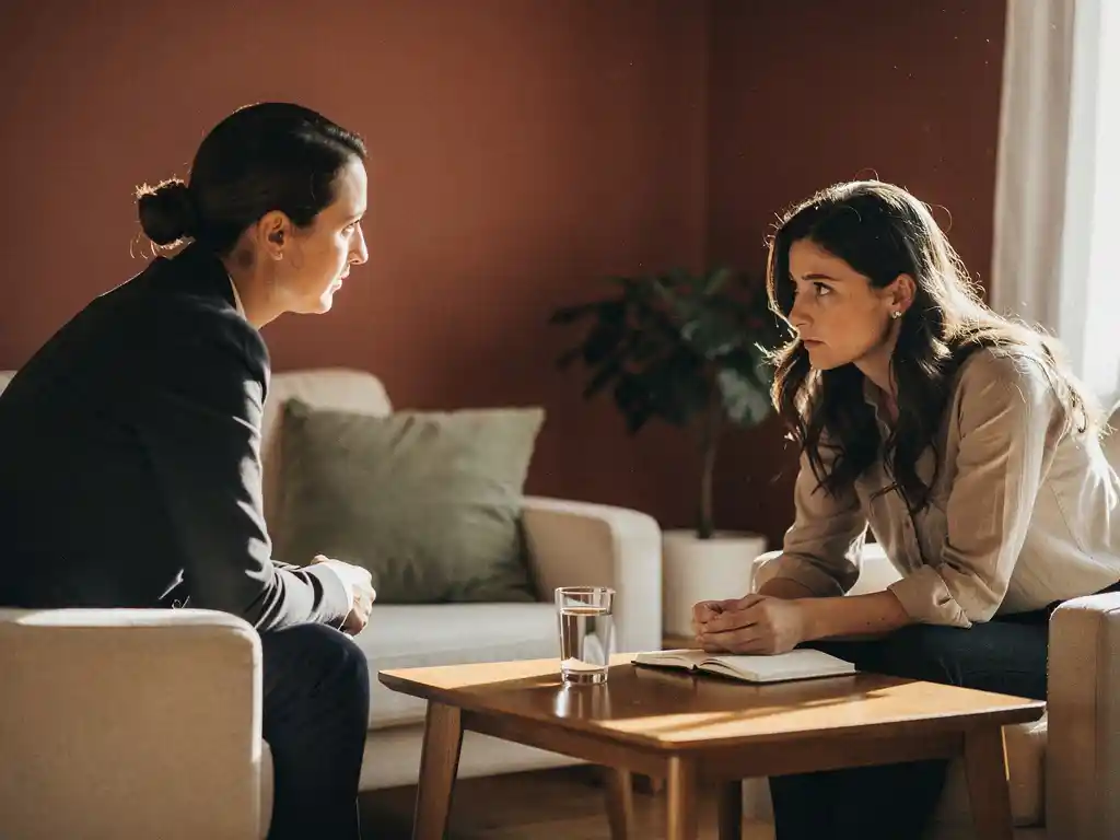 Coach en cliënt in gesprek in warme consultatiruimte, open dagboek op tafel, reflectieve lichaamstaal in terracotta en saliekleurige tinten.