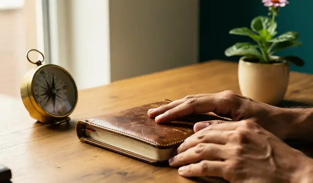 Leren dagboek, kompas en bloeiende plant op een eiken bureau in zachte ochtendlicht, symbolen van professionele coaching.