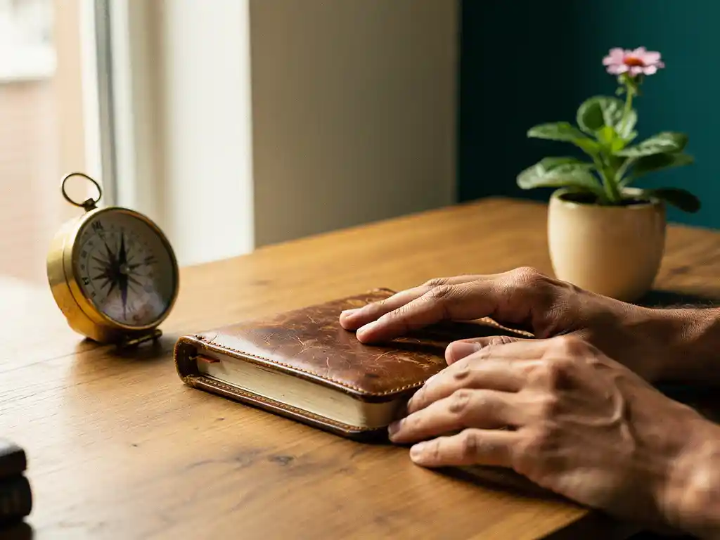 Leren dagboek, kompas en bloeiende plant op een eiken bureau in zachte ochtendlicht, symbolen van professionele coaching.