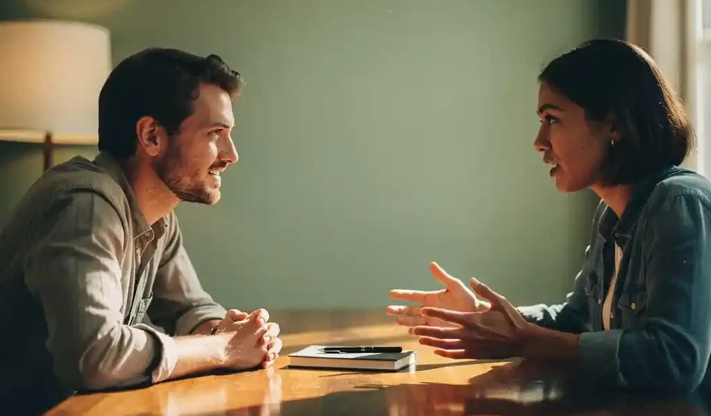 Twee mensen in gesprek aan een houten tafel tijdens een coachingsessie, één persoon leunt aandachtig voorover in zacht natuurlijk licht.