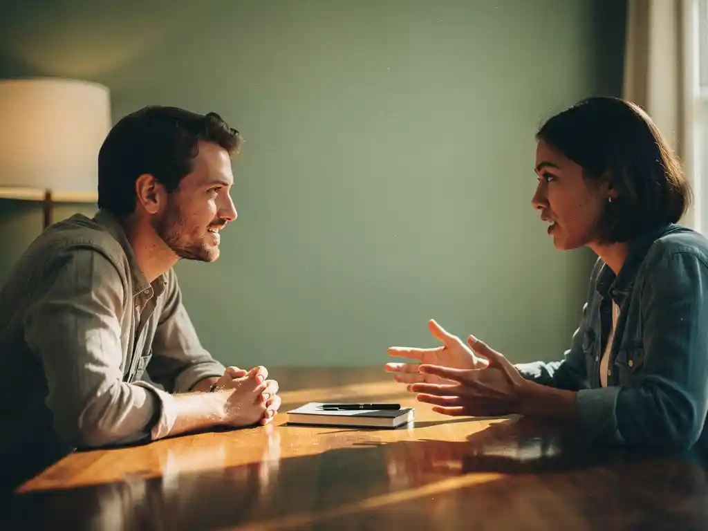 Twee mensen in gesprek aan een houten tafel tijdens een coachingsessie, één persoon leunt aandachtig voorover in zacht natuurlijk licht.