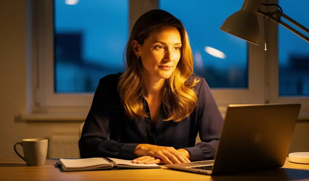 Vrouw studeert coachingmateriaal aan thuiswerkplek bij warm bureaulampje, laptop en planner op tafel, avondlicht door raam.