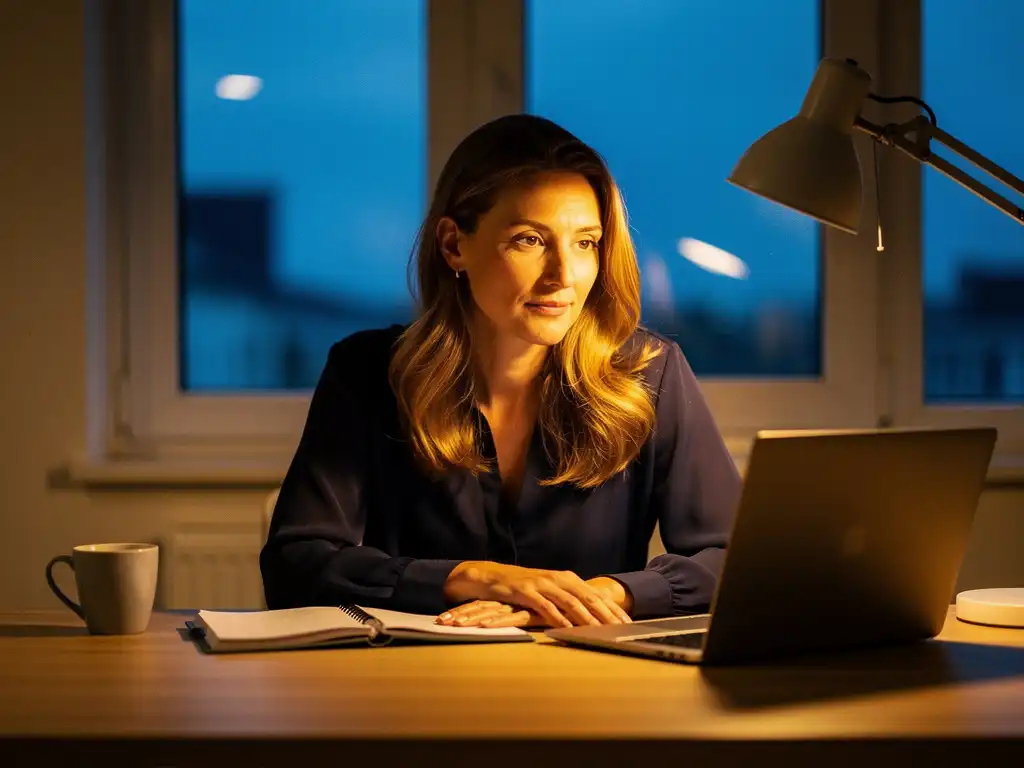 Vrouw studeert coachingmateriaal aan thuiswerkplek bij warm bureaulampje, laptop en planner op tafel, avondlicht door raam.