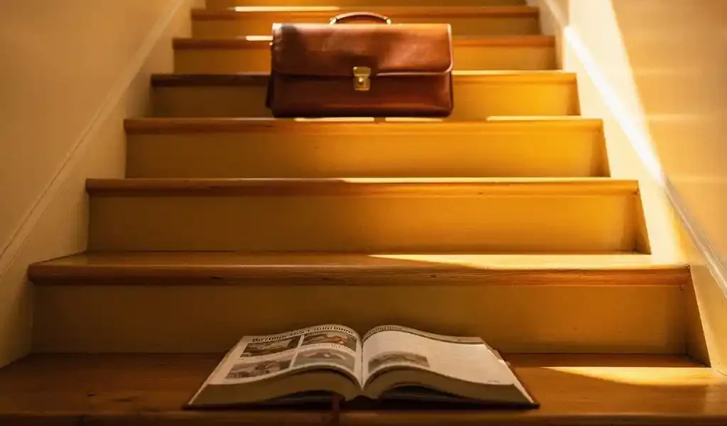 Versleten coachingswerkboek aan de voet van een houten trap, met bovenaan een leren portfolio in warm goudkleurig licht.