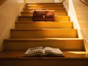 Versleten coachingswerkboek aan de voet van een houten trap, met bovenaan een leren portfolio in warm goudkleurig licht.