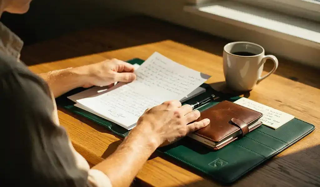 Jonge coach ordent klantgetuigenissen, reflectieaantekeningen en een leren dagboek in een portfolio op een eiken bureau, zacht middaglicht.