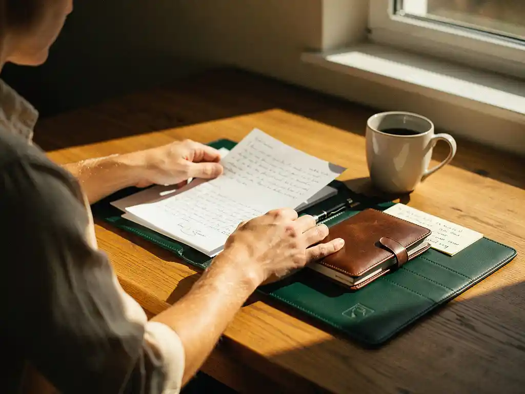 Jonge coach ordent klantgetuigenissen, reflectieaantekeningen en een leren dagboek in een portfolio op een eiken bureau, zacht middaglicht.