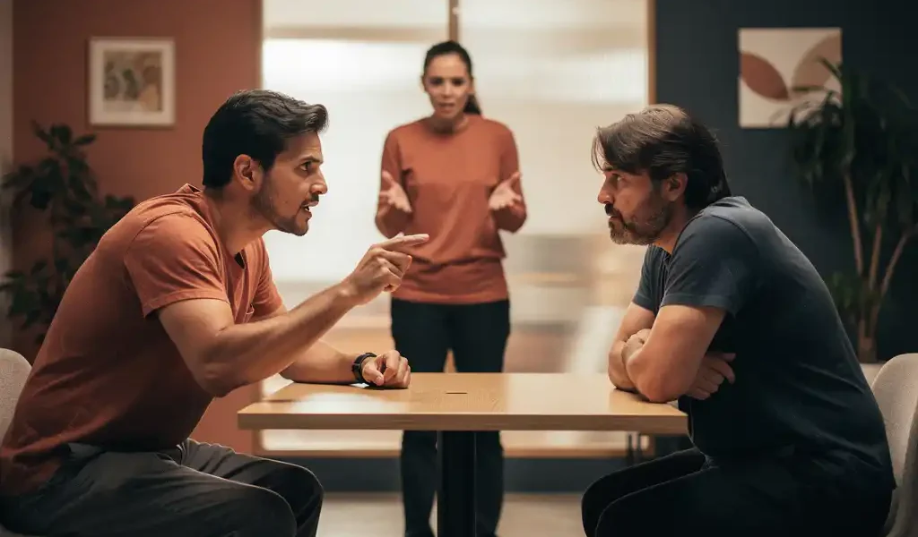 Twee mensen aan een kleine houten tafel in gespannen discussie, één leunt voorover met uitgestoken vinger, de ander trekt zich terug met gekruiste armen, derde persoon observeert op afstand.