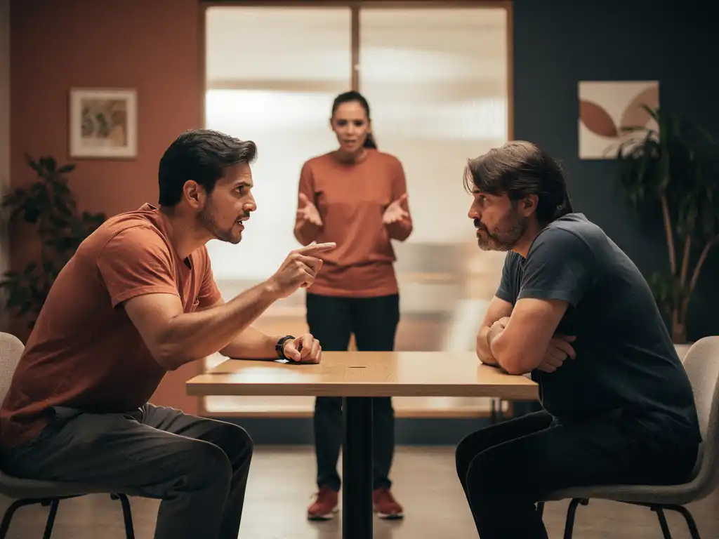 Twee mensen aan een kleine houten tafel in gespannen discussie, één leunt voorover met uitgestoken vinger, de ander trekt zich terug met gekruiste armen, derde persoon observeert op afstand.