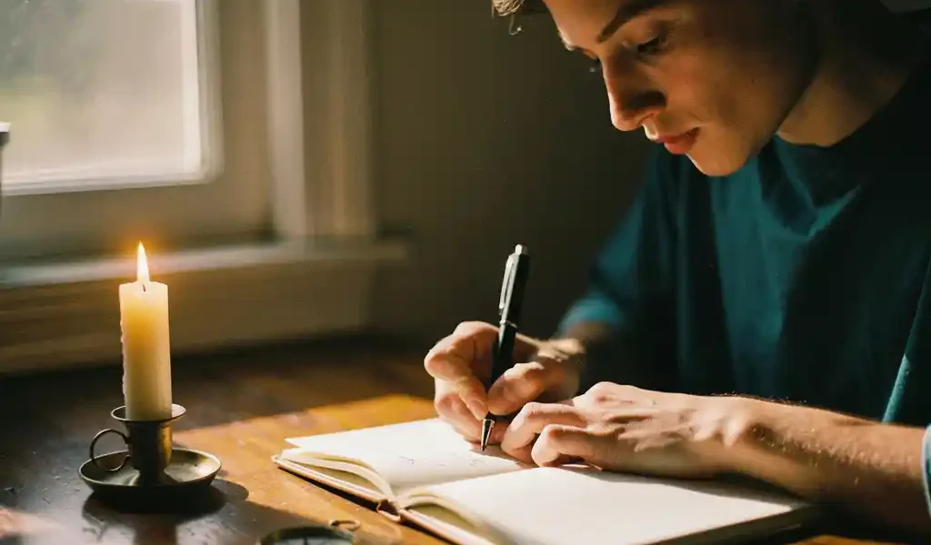 Persoon schrijft doelbewust in een dagboek aan een houten bureau, met brandende kaars en kompas in zacht ochtendlicht.
