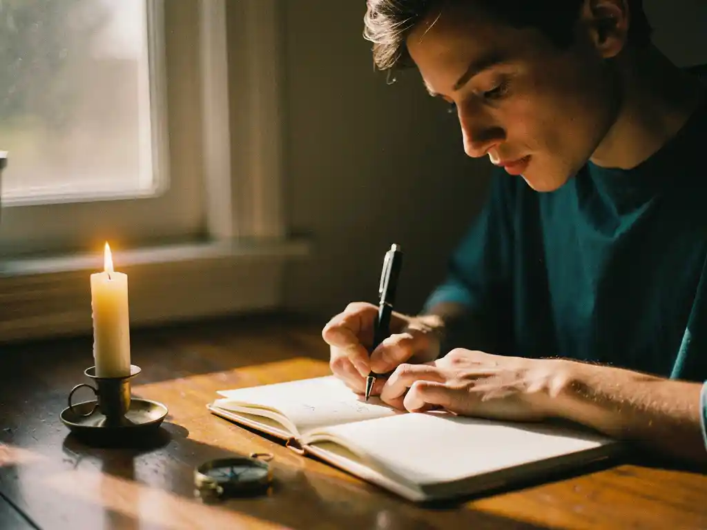 Persoon schrijft doelbewust in een dagboek aan een houten bureau, met brandende kaars en kompas in zacht ochtendlicht.