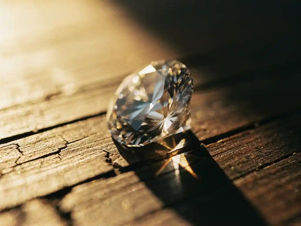 Diamant op verweerd hout met gouden lichtreflecties en scherpe schaduwen, symbool van kracht en overmaat.