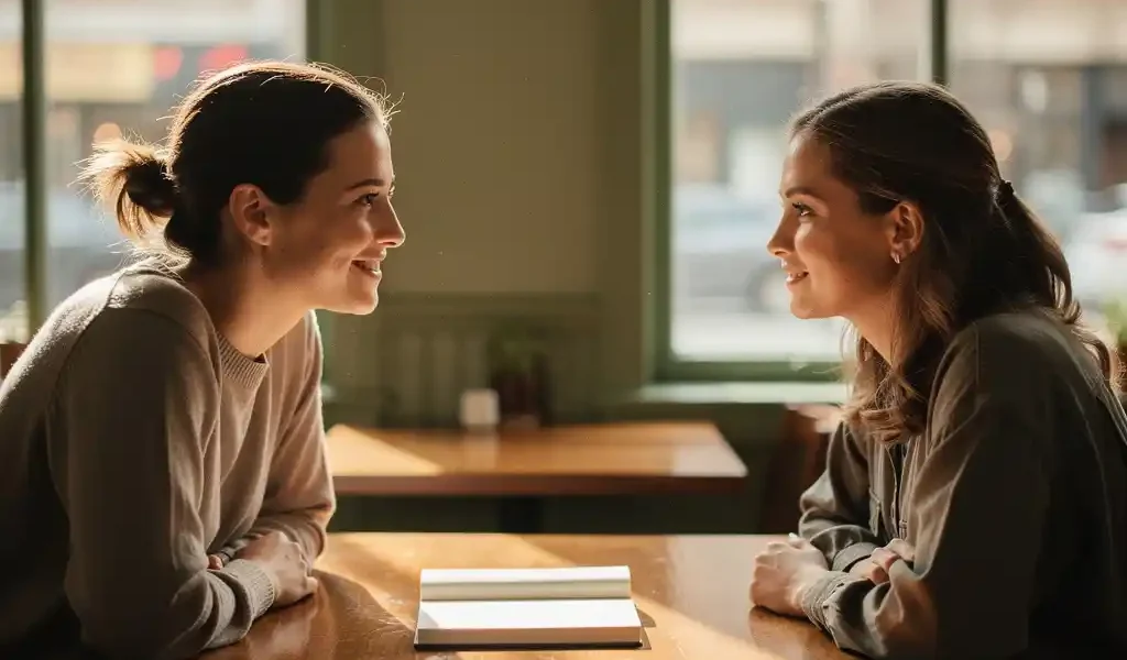 Nieuw gecertificeerde coach in gesprek met eerste cliënt aan houten cafétafel, open notitieboek ertussen, zacht ochtendlicht.