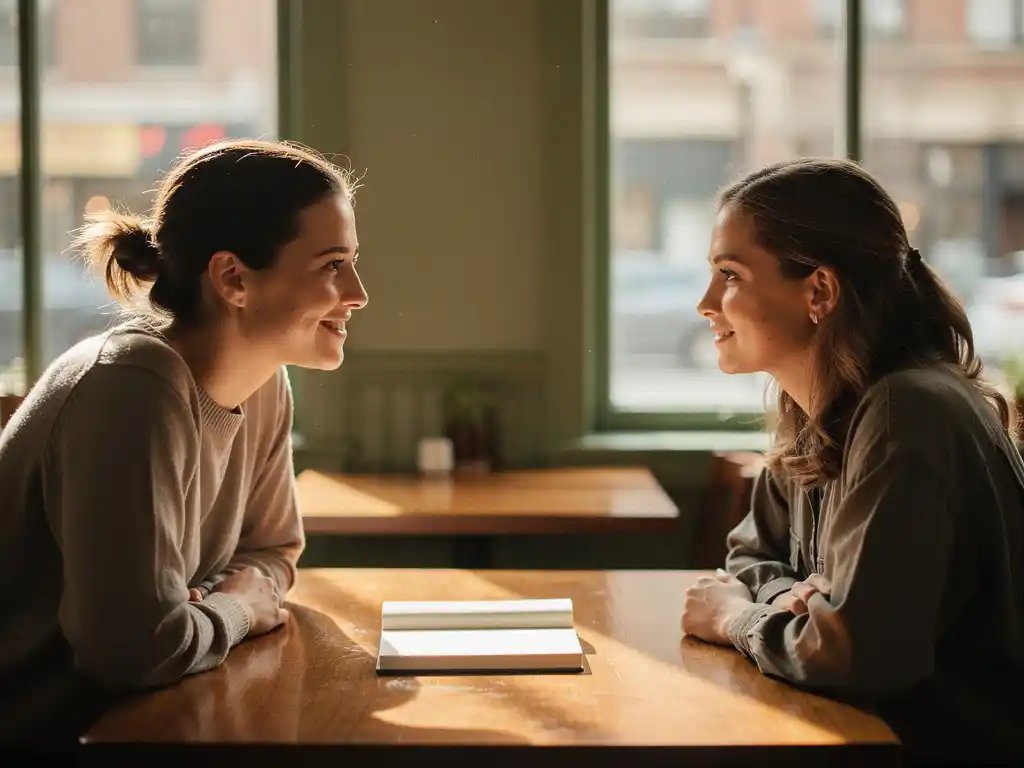 Nieuw gecertificeerde coach in gesprek met eerste cliënt aan houten cafétafel, open notitieboek ertussen, zacht ochtendlicht.