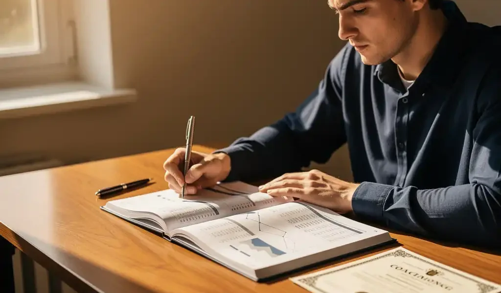 Volwassen student bestudeert financieel werkboek aan houten bureau, met coachingcertificaat en pen, warm middaglicht, professionele groei.