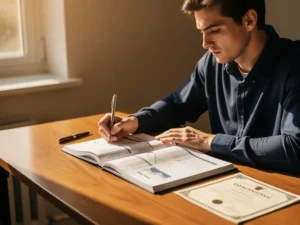 Volwassen student bestudeert financieel werkboek aan houten bureau, met coachingcertificaat en pen, warm middaglicht, professionele groei.