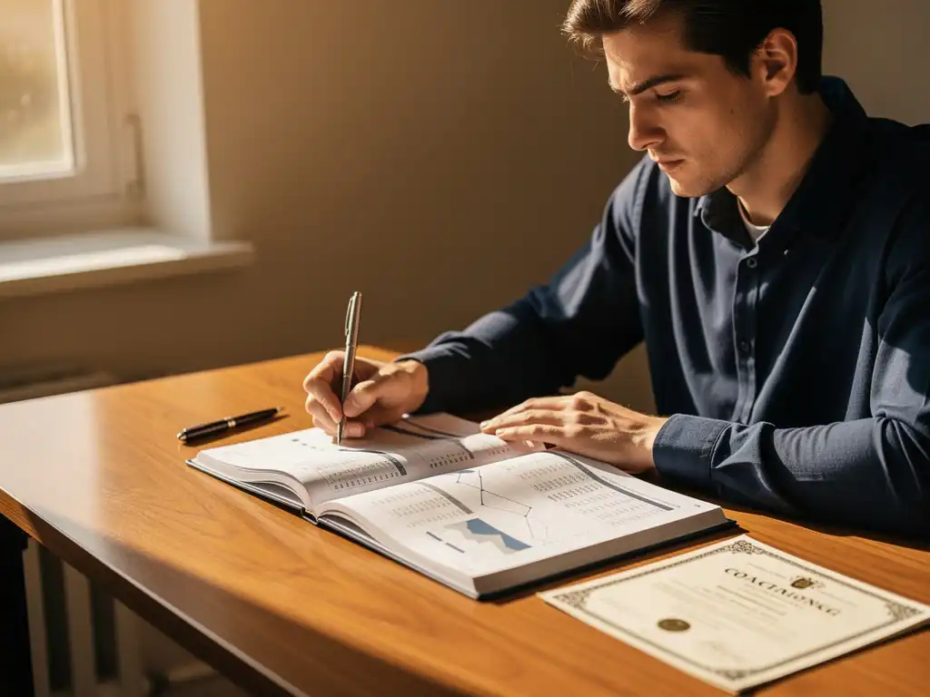 Volwassen student bestudeert financieel werkboek aan houten bureau, met coachingcertificaat en pen, warm middaglicht, professionele groei.