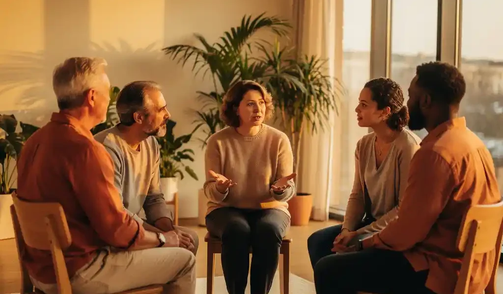 Diverse groep van vijf mensen in een kring tijdens een coachingssessie, één persoon spreekt met open handen in een lichte moderne ruimte.