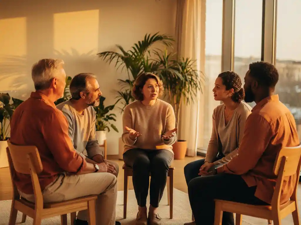 Diverse groep van vijf mensen in een kring tijdens een coachingssessie, één persoon spreekt met open handen in een lichte moderne ruimte.